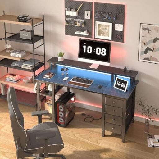 Lufeiya 47-Inch Gaming Desk with LED Lights and Energy Retailers, Black Pc Desk That includes Material Drawers and Storage Cabinets, Dwelling Workplace Desk with Monitor Stand