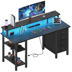 Lufeiya 47-Inch Gaming Desk with LED Lights and Energy Retailers, Black Pc Desk That includes Material Drawers and Storage Cabinets, Dwelling Workplace Desk with Monitor Stand