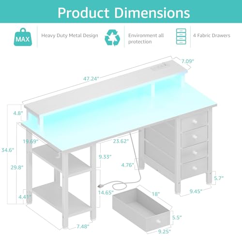 Lufeiya 47-Inch White Gaming Desk with Material Drawers and Storage Cabinets, Residence Workplace Desk That includes Monitor Stand, LED Lights, and Energy Retailers