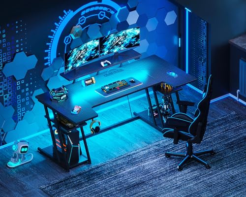 MOTPK 60-Inch U-Formed Gaming Desk with LED Lights, Energy Outlet, Storage Cabinets, Monitor Stand, and Headphone Hook in Carbon End