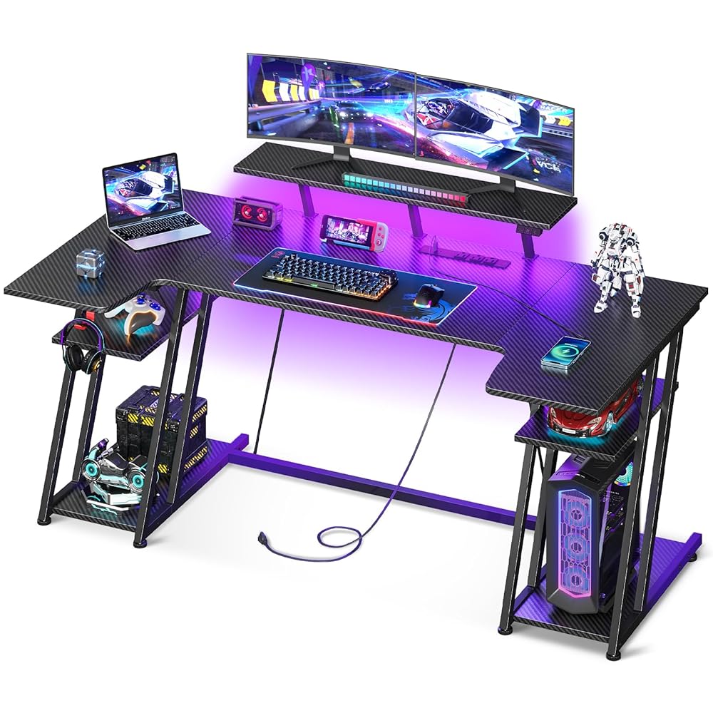 MOTPK 60-Inch U-Formed Gaming Desk with LED Lights, Energy Outlet, Storage Cabinets, Monitor Stand, and Headphone Hook in Carbon End