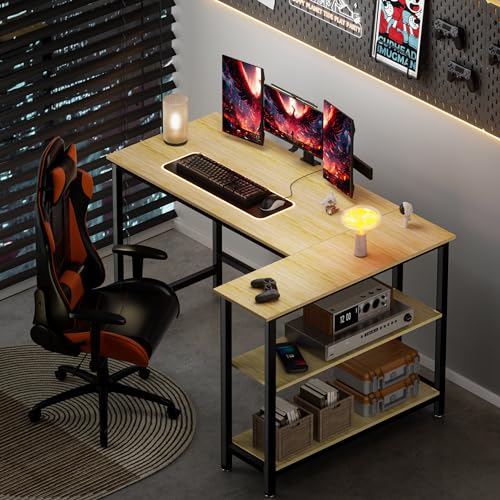 WOODYNLUX 43-Inch L-Formed Desk - Gaming & Laptop Nook Desk, Residence Workplace Writing Desk with Shelf, House-Saving Workstation, Trendy Picket Beech Desk