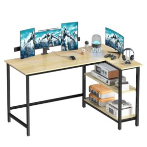 WOODYNLUX 43-Inch L-Formed Desk – Gaming & Laptop Nook Desk, Residence Workplace Writing Desk with Shelf, House-Saving Workstation, Trendy Picket Beech Desk