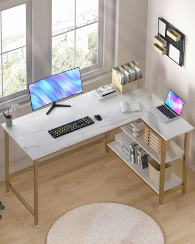 WOODYNLUX L-Formed Pc Desk - House-Saving House Workplace Desk with Shelf, Superb for Gaming, Work, Writing, and Examine, in White