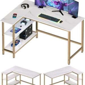 WOODYNLUX L-Formed Pc Desk – House-Saving House Workplace Desk with Shelf, Superb for Gaming, Work, Writing, and Examine, in White