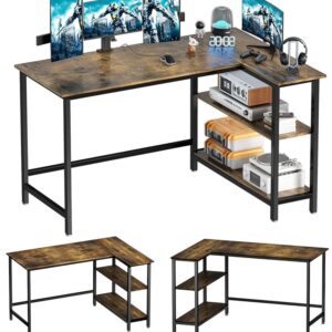 WOODYNLUX L-Formed Desk – 43-Inch Gaming and Laptop Nook Desk, House Workplace Writing Desk with Shelf, Area-Saving Workstation, Trendy Rustic Brown Wood Design